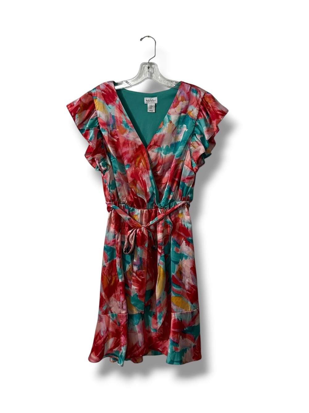 Nicole Miller Floral Satin Wrap Dress M Ruffle Hem Romantic Date Night